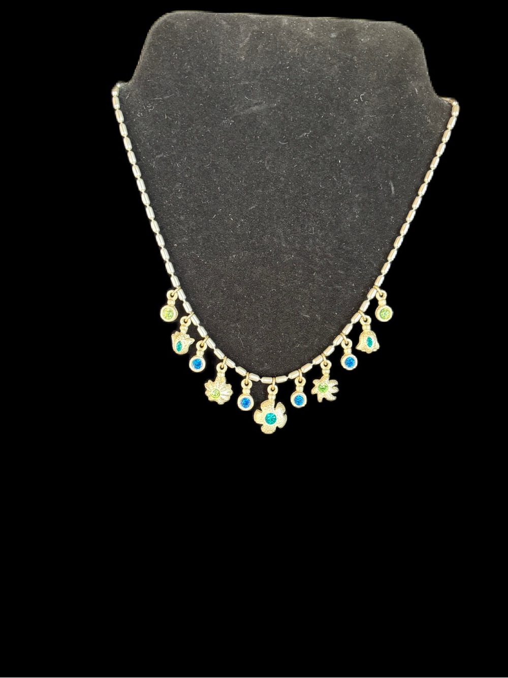 Silver Floral Charm Necklace with Blue and Green Accents